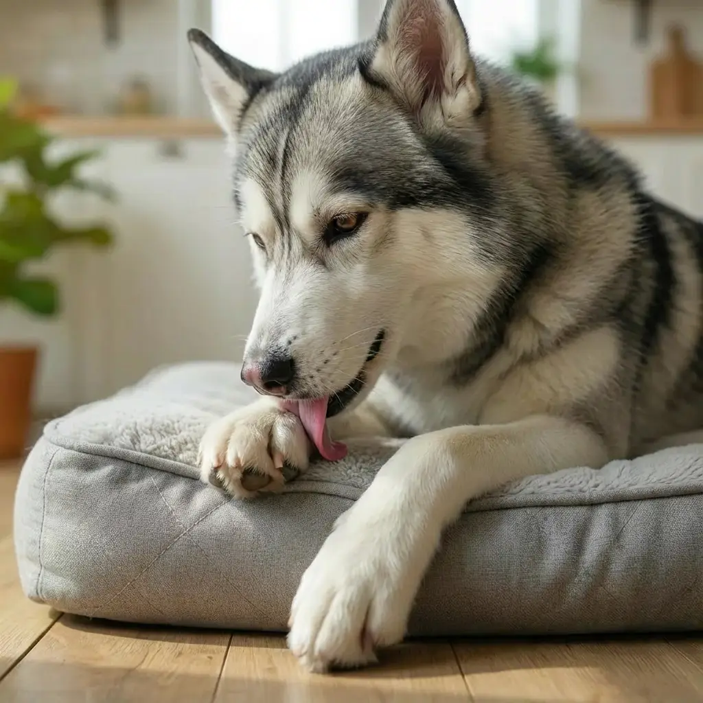 Husky on a grey bed licks his paw