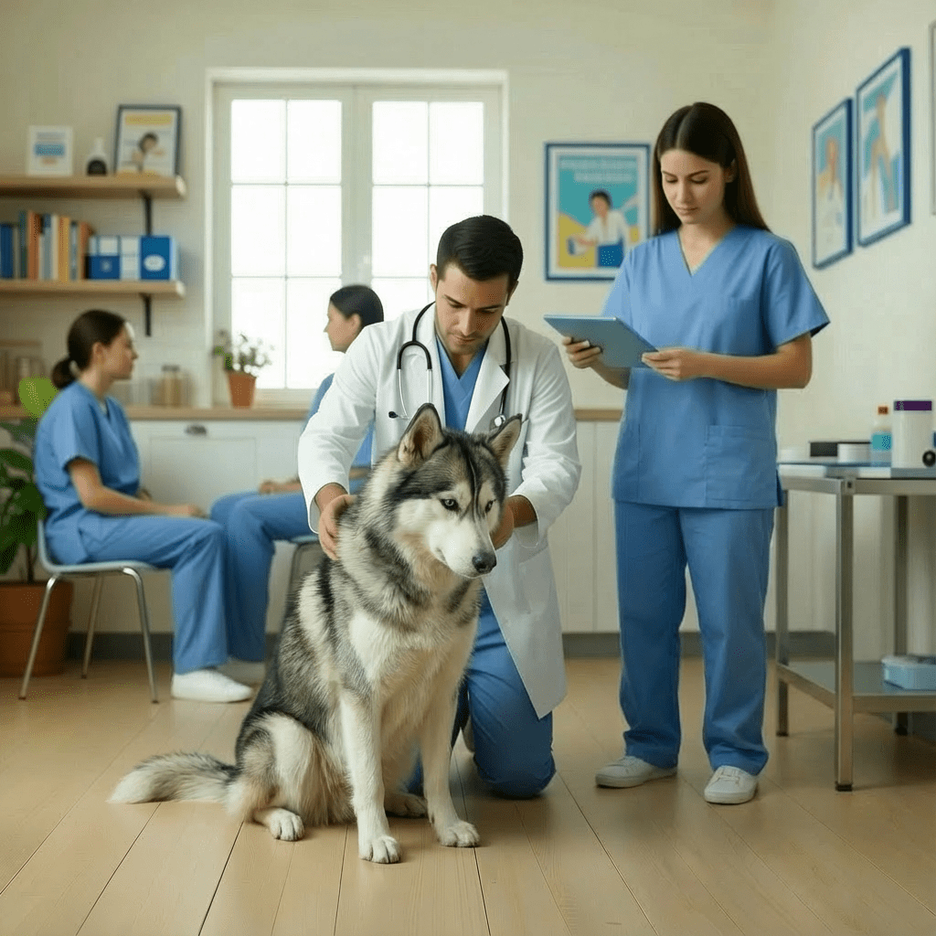 Husky dog sitting on the floor vet checking on him