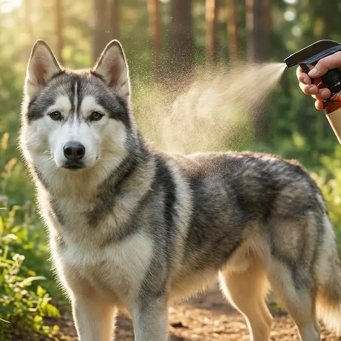 husky sprayed with a natural repellent spray
