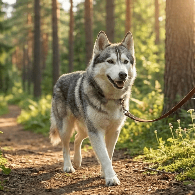 husky walking in the forest on a trail on the leashe
