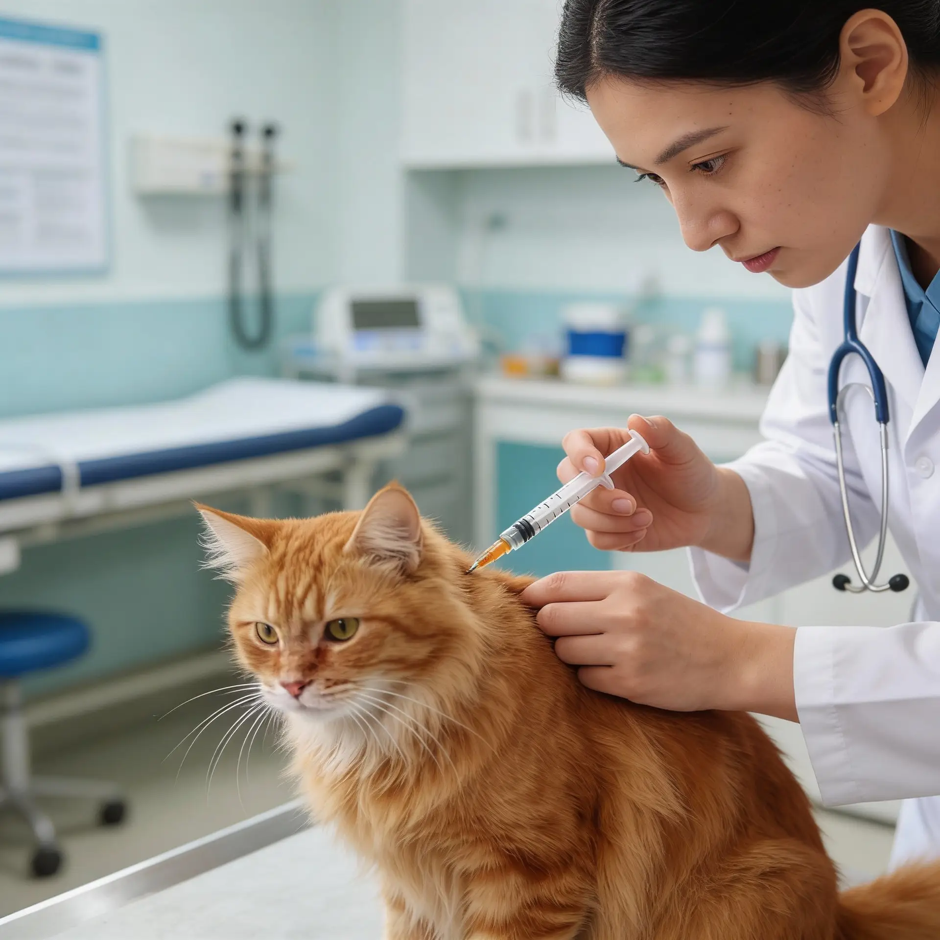 Red tabby cat at the vet receives a vaccine