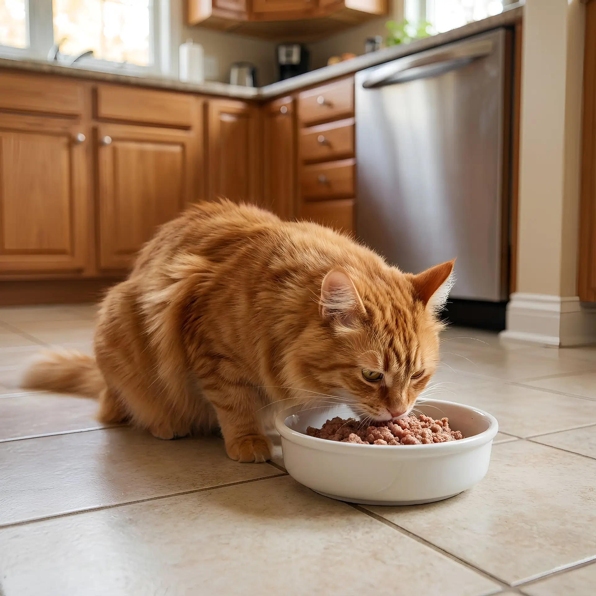 red tabby cat eating fresh meats from white bowl