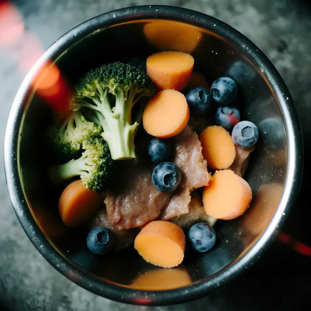 Stainless steel dog bowl filled with whole foods broccoli, meats, blueberries