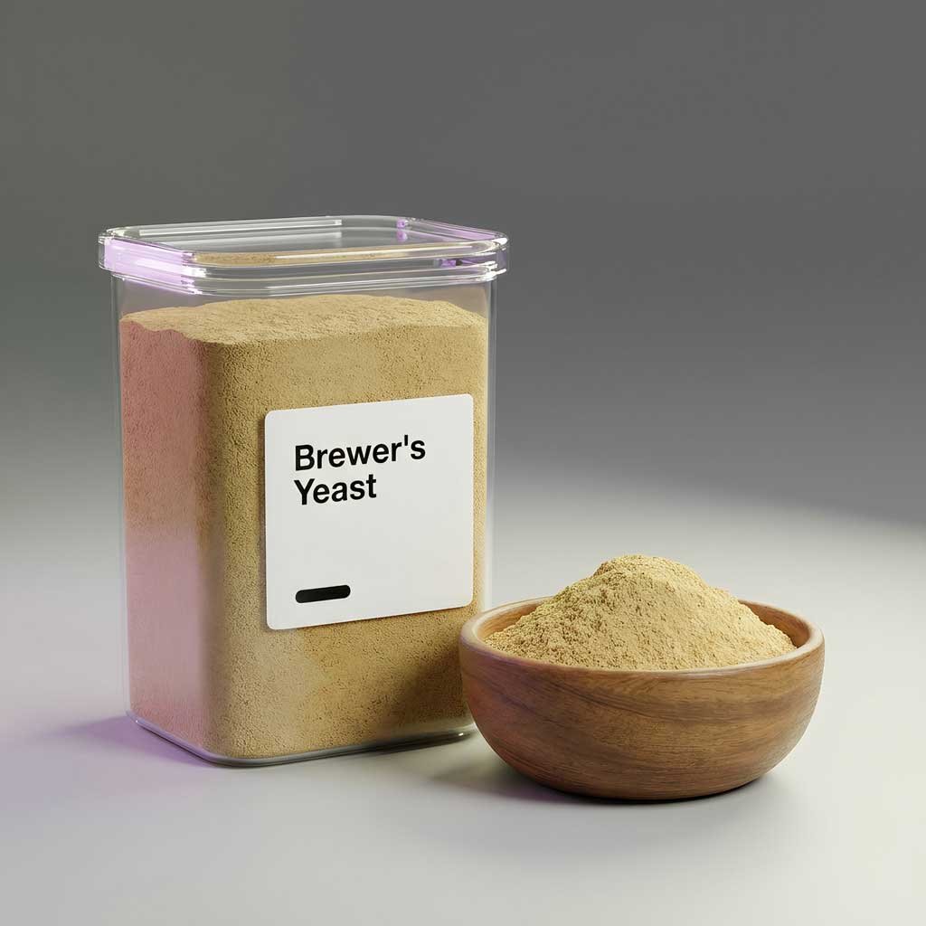 A clear plastic container filled with brewers yeast for pest prevention in pets