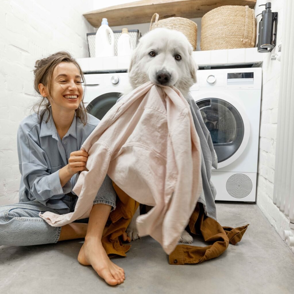 Woman having fun with her white fluffy dog in the lundry room