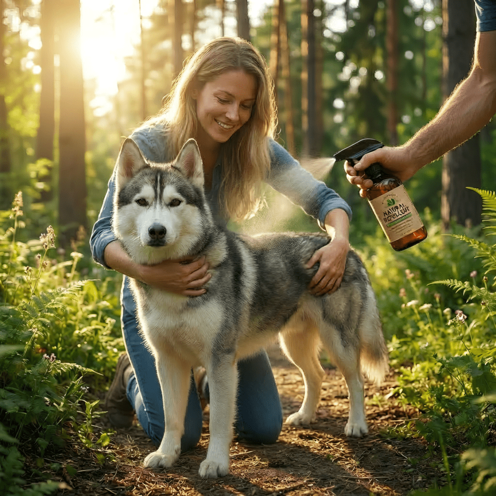 A woman holds a husky dog and sprays the dog with a natural repellent spray.