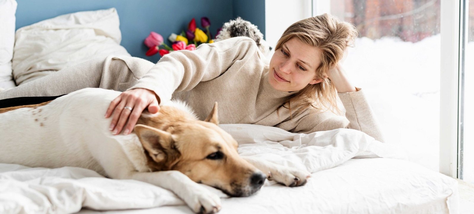 woman relaxing with her dog on the bed