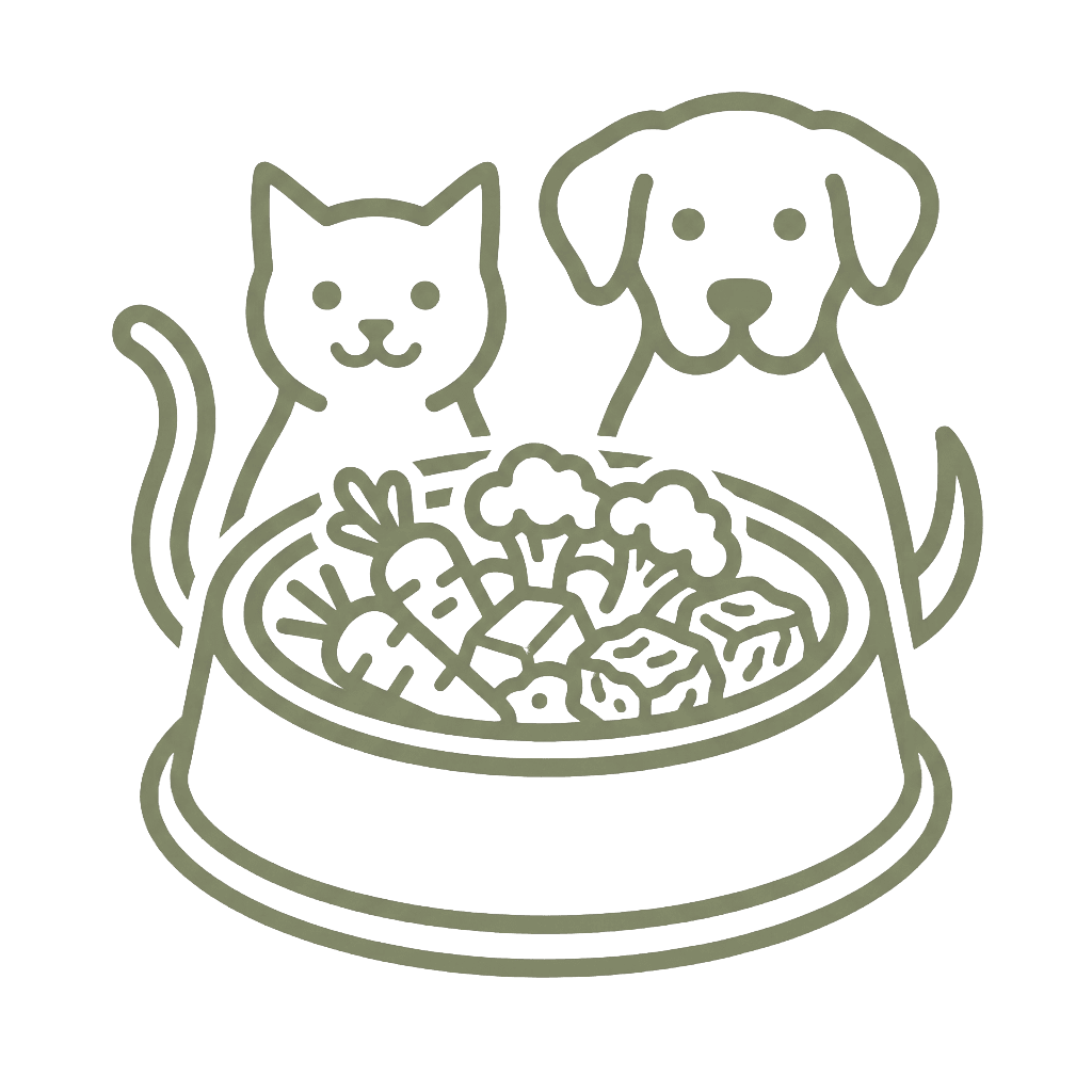 Icon natural pet food a dog and a cat sitting besides behind the food bowl