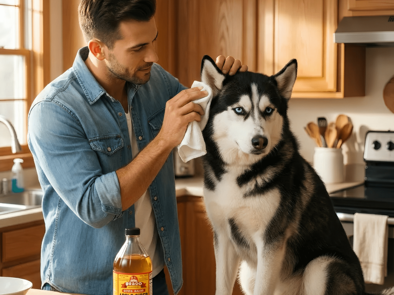 man checking on a huskies ears